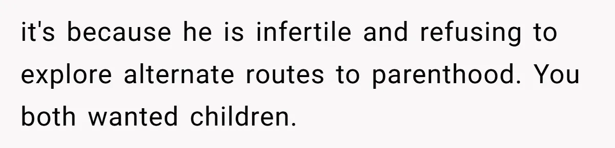 it's because he is infertile and refusing to explore alternate routes to parenthood. You both wanted children.