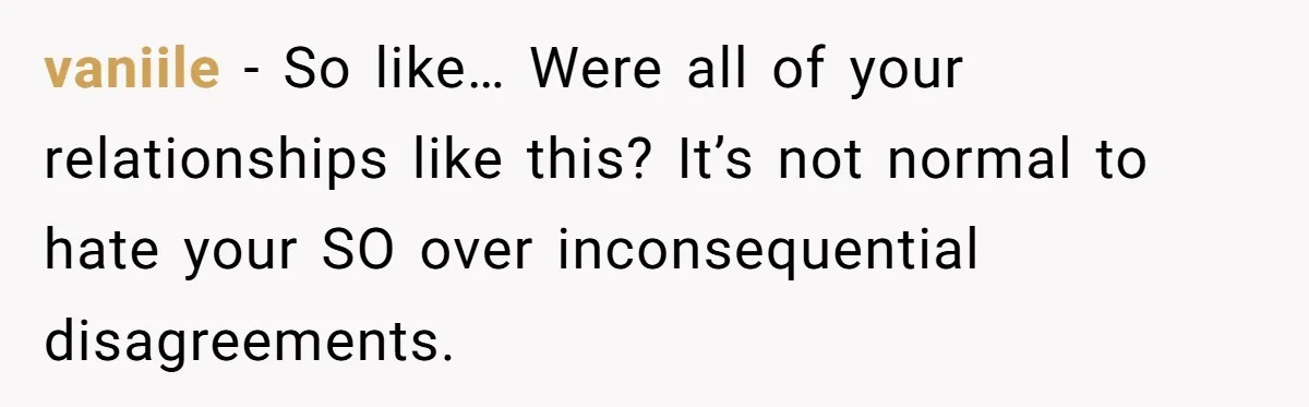 vaniile − So like… Were all of your relationships like this? It’s not normal to hate your SO over inconsequential disagreements.