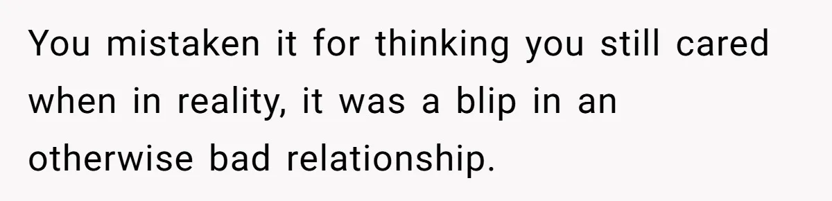 You mistaken it for thinking you still cared when in reality, it was a blip in an otherwise bad relationship.
