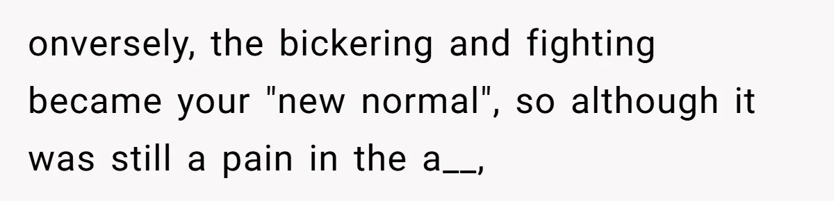 onversely, the bickering and fighting became your "new normal", so although it was still a pain in the a__,