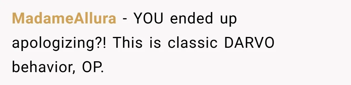 MadameAllura − YOU ended up apologizing?! This is classic DARVO behavior, OP.