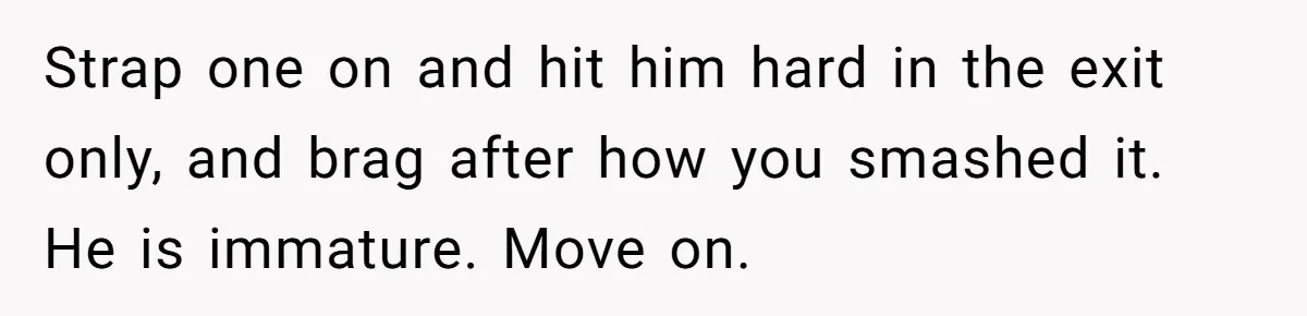 Strap one on and hit him hard in the exit only, and brag after how you smashed it. He is immature. Move on.