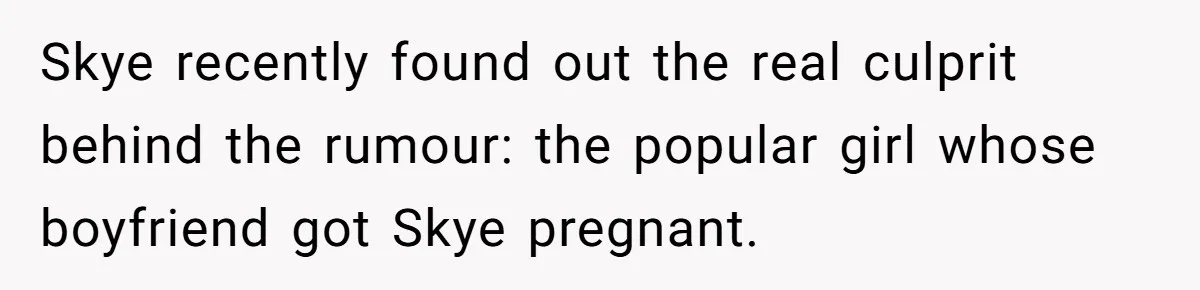 Skye recently found out the real culprit behind the rumour: the popular girl whose boyfriend got Skye pregnant.