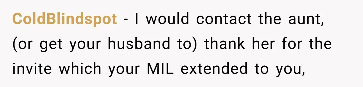 ColdBlindspot − I would contact the aunt, (or get your husband to) thank her for the invite which your MIL extended to you,