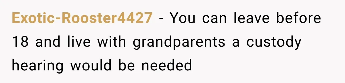 Exotic-Rooster4427 − You can leave before 18 and live with grandparents a custody hearing would be needed