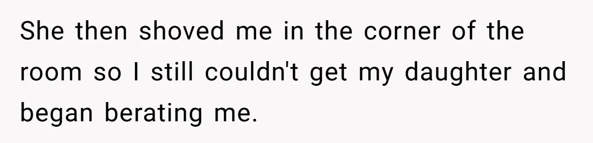 She then shoved me in the corner of the room so I still couldn't get my daughter and began berating me.
