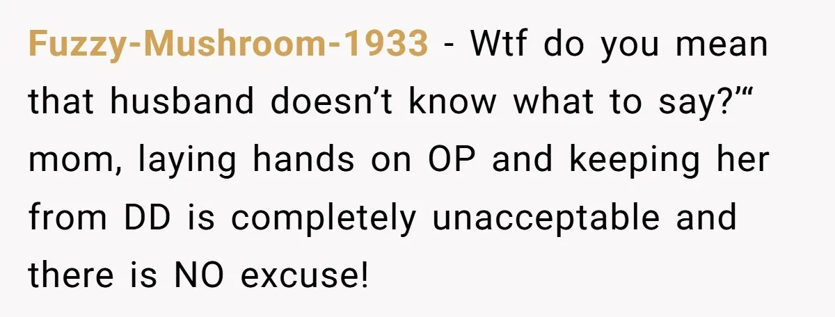 Fuzzy-Mushroom-1933 − Wtf do you mean that husband doesn’t know what to say?’“ mom, laying hands on OP and keeping her from DD is completely unacceptable and there is NO...