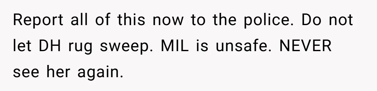 Report all of this now to the police. Do not let DH rug sweep. MIL is unsafe. NEVER see her again.