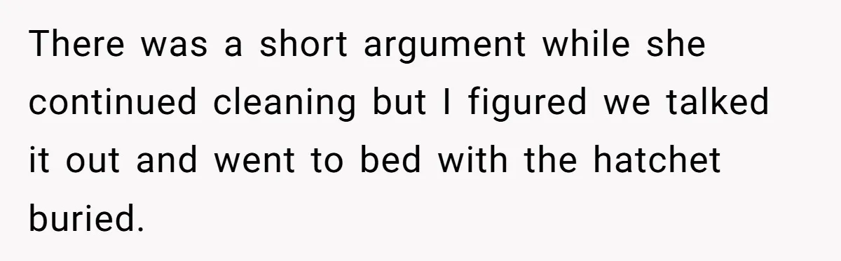 There was a short argument while she continued cleaning but I figured we talked it out and went to bed with the hatchet buried.