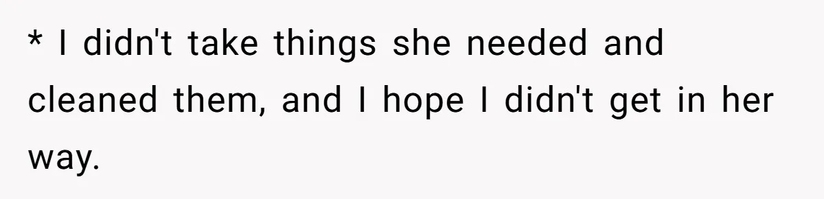 * I didn't take things she needed and cleaned them, and I hope I didn't get in her way.