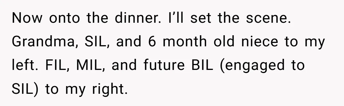 Now onto the dinner. I’ll set the scene. Grandma, SIL, and 6 month old niece to my left. FIL, MIL, and future BIL (engaged to SIL) to my right.