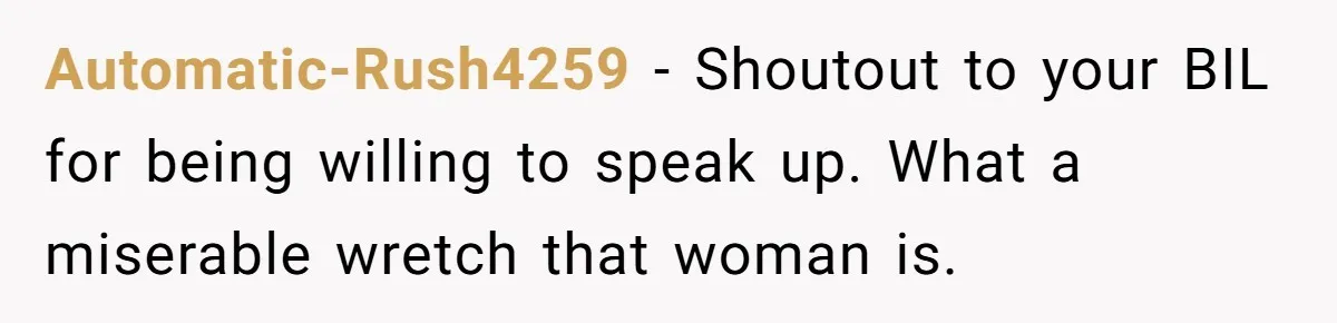 Automatic-Rush4259 − Shoutout to your BIL for being willing to speak up. What a miserable wretch that woman is.