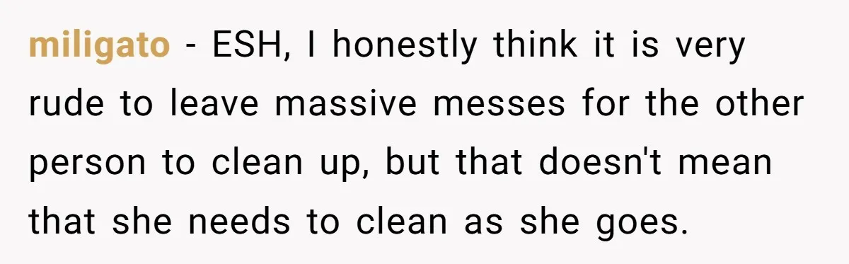 miligato − ESH, I honestly think it is very rude to leave massive messes for the other person to clean up, but that doesn't mean that she needs to clean...