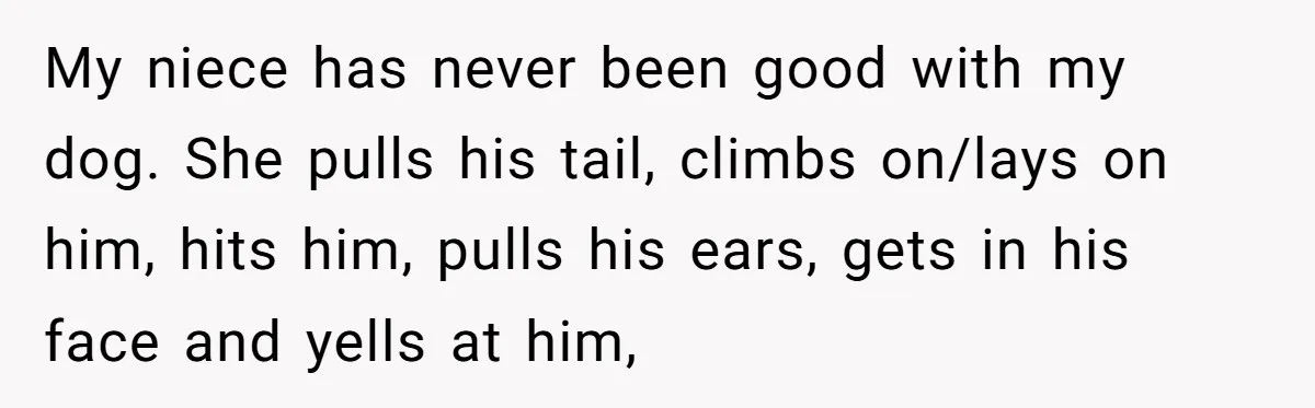 My niece has never been good with my dog. She pulls his tail, climbs on/lays on him, hits him, pulls his ears, gets in his face and yells at him,