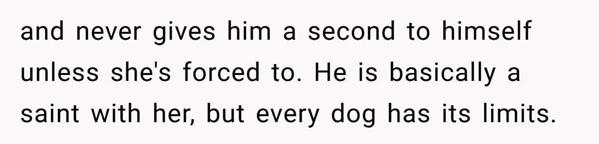 and never gives him a second to himself unless she's forced to. He is basically a saint with her, but every dog has its limits.