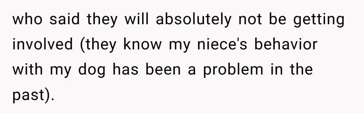 who said they will absolutely not be getting involved (they know my niece's behavior with my dog has been a problem in the past).