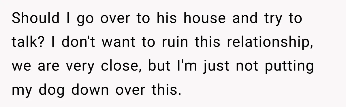 Should I go over to his house and try to talk? I don't want to ruin this relationship, we are very close, but I'm just not putting my dog down...