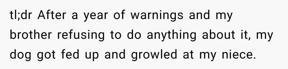 tl;dr After a year of warnings and my brother refusing to do anything about it, my dog got fed up and growled at my niece.