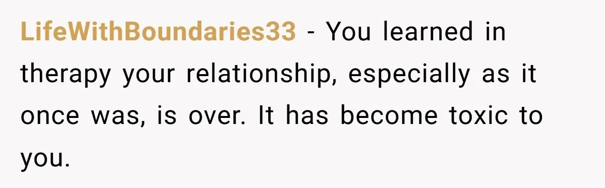 LifeWithBoundaries33 − You learned in therapy your relationship, especially as it once was, is over. It has become toxic to you.