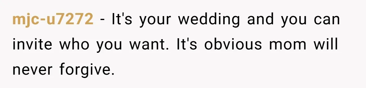 mjc-u7272 − It's your wedding and you can invite who you want. It's obvious mom will never forgive.