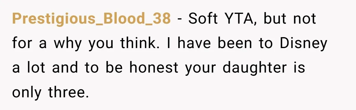 Prestigious_Blood_38 − Soft YTA, but not for a why you think. I have been to Disney a lot and to be honest your daughter is only three.