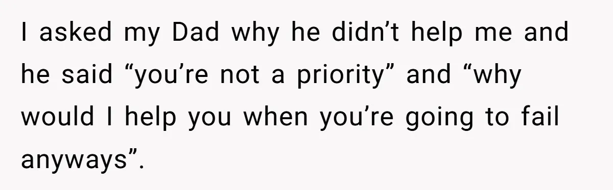 I asked my Dad why he didn’t help me and he said “you’re not a priority” and “why would I help you when you’re going to fail anyways”.