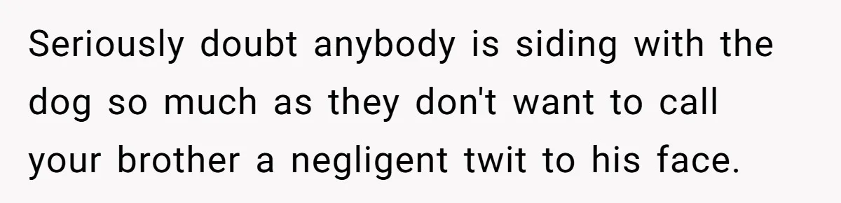Seriously doubt anybody is siding with the dog so much as they don't want to call your brother a negligent twit to his face.