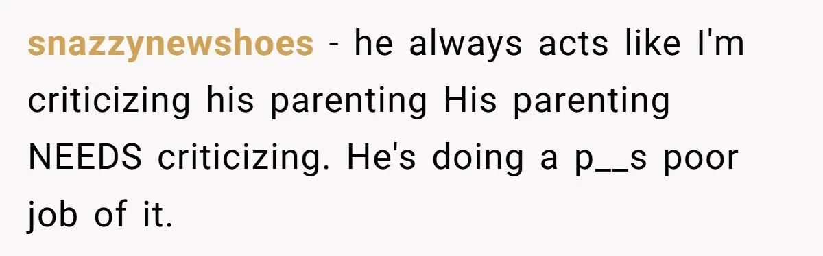 snazzynewshoes − he always acts like I'm criticizing his parenting His parenting NEEDS criticizing. He's doing a p__s poor job of it.