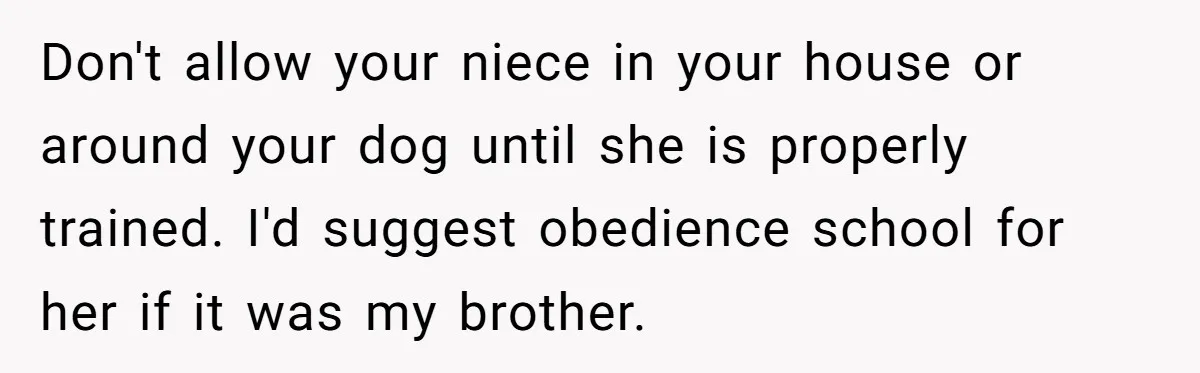 Don't allow your niece in your house or around your dog until she is properly trained. I'd suggest obedience school for her if it was my brother.