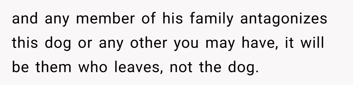 and any member of his family antagonizes this dog or any other you may have, it will be them who leaves, not the dog.