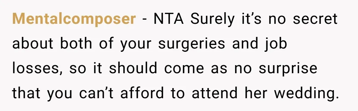 Mentalcomposer − NTA Surely it’s no secret about both of your surgeries and job losses, so it should come as no surprise that you can’t afford to attend her wedding.