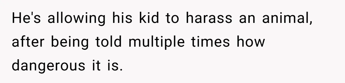 He's allowing his kid to harass an animal, after being told multiple times how dangerous it is.