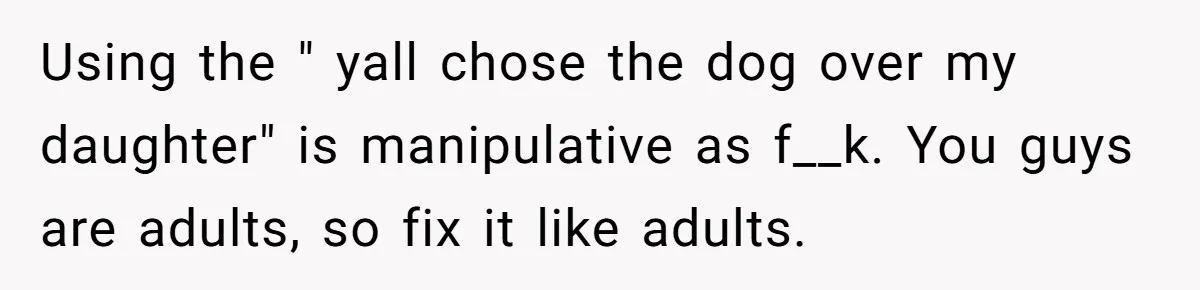 Using the " yall chose the dog over my daughter" is manipulative as f__k. You guys are adults, so fix it like adults.