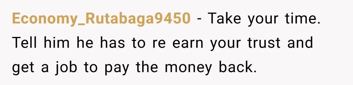 Economy_Rutabaga9450 − Take your time. Tell him he has to re earn your trust and get a job to pay the money back.