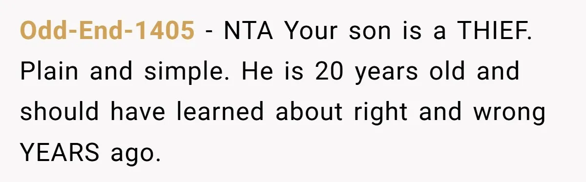 Odd-End-1405 − NTA Your son is a THIEF. Plain and simple. He is 20 years old and should have learned about right and wrong YEARS ago.