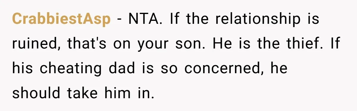 CrabbiestAsp − NTA. If the relationship is ruined, that's on your son. He is the thief. If his cheating dad is so concerned, he should take him in.