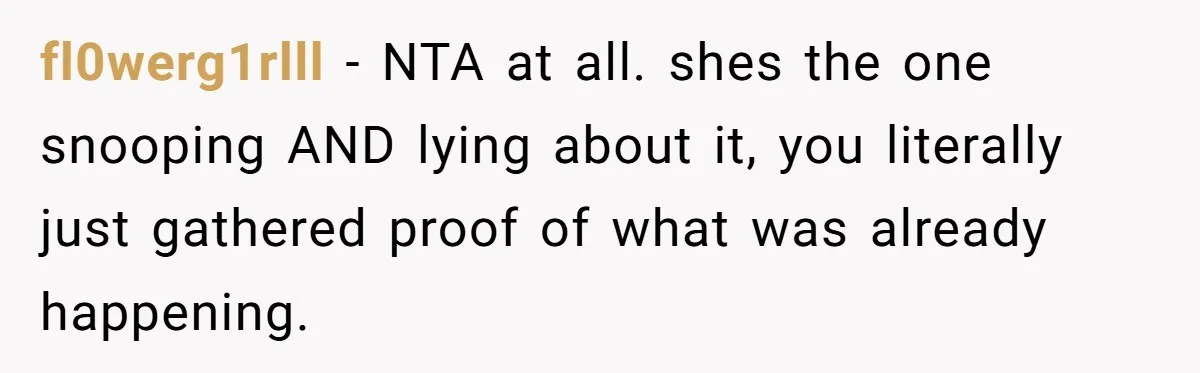 fl0werg1rlll − NTA at all. shes the one snooping AND lying about it, you literally just gathered proof of what was already happening.
