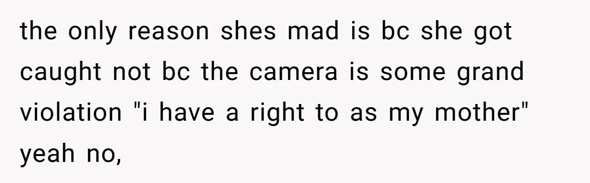 the only reason shes mad is bc she got caught not bc the camera is some grand violation "i have a right to as my mother" yeah no,
