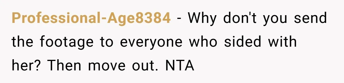 Professional-Age8384 − Why don't you send the footage to everyone who sided with her? Then move out. NTA