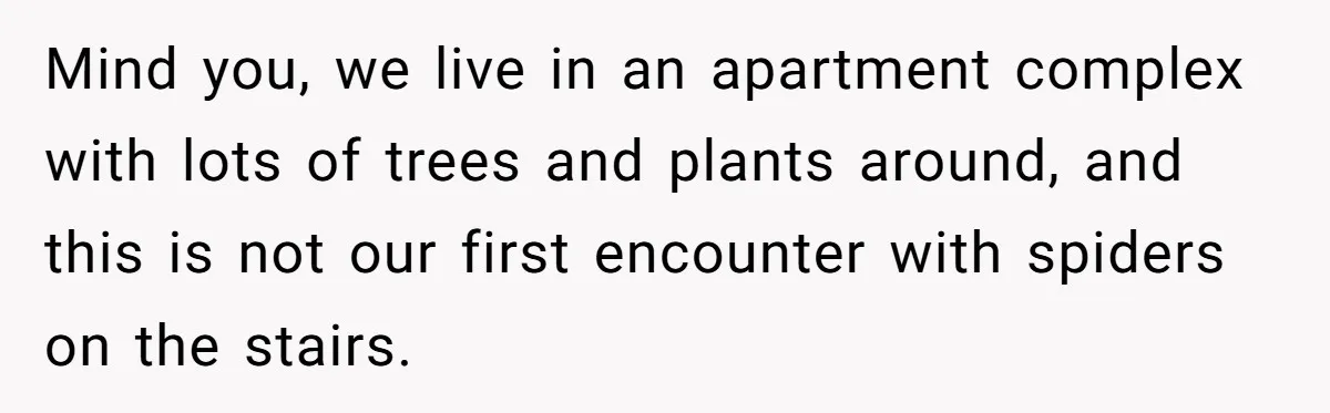 Mind you, we live in an apartment complex with lots of trees and plants around, and this is not our first encounter with spiders on the stairs.