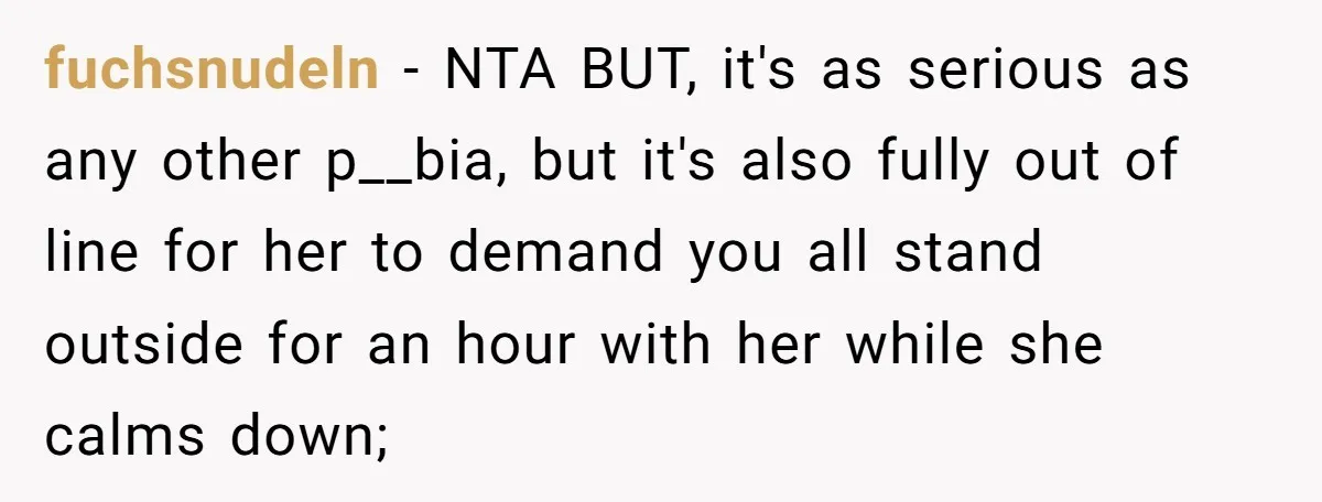 fuchsnudeln − NTA BUT, it's as serious as any other p__bia, but it's also fully out of line for her to demand you all stand outside for an hour with...