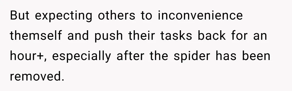 But expecting others to inconvenience themself and push their tasks back for an hour+, especially after the spider has been removed.