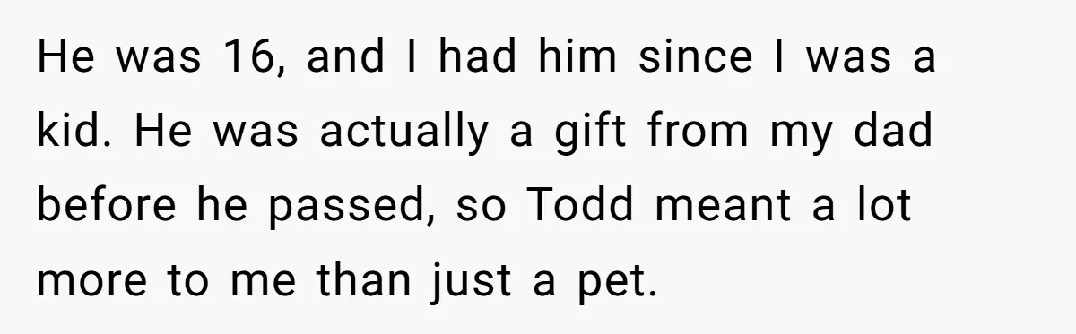 He was 16, and I had him since I was a kid. He was actually a gift from my dad before he passed, so Todd meant a lot more to...