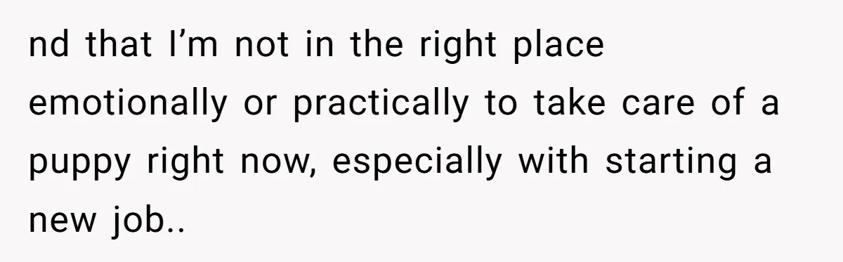 nd that I’m not in the right place emotionally or practically to take care of a puppy right now, especially with starting a new job..