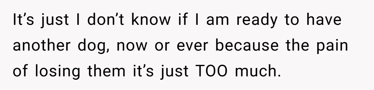 It’s just I don’t know if I am ready to have another dog, now or ever because the pain of losing them it’s just TOO much.