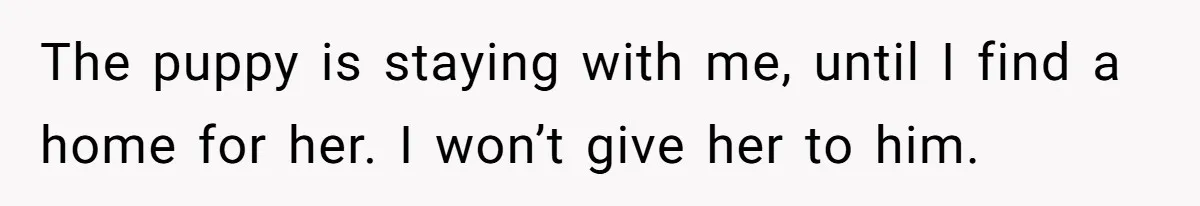 The puppy is staying with me, until I find a home for her. I won’t give her to him.
