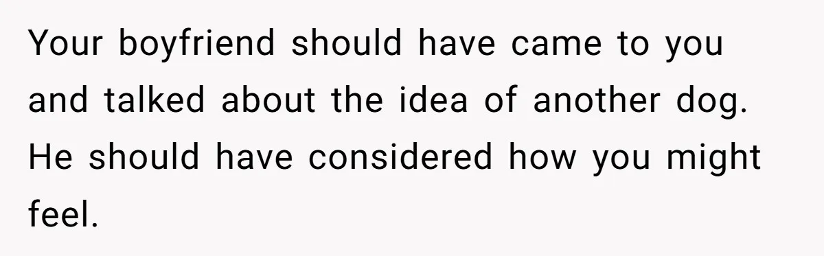 Your boyfriend should have came to you and talked about the idea of another dog. He should have considered how you might feel.