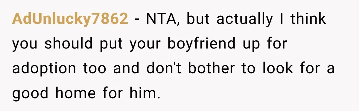 AdUnlucky7862 − NTA, but actually I think you should put your boyfriend up for adoption too and don't bother to look for a good home for him.