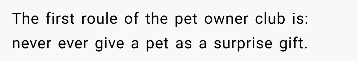 The first roule of the pet owner club is: never ever give a pet as a surprise gift.