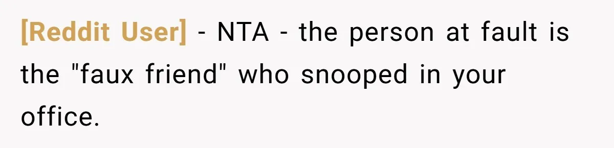 [Reddit User] − NTA - the person at fault is the "faux friend" who snooped in your office.